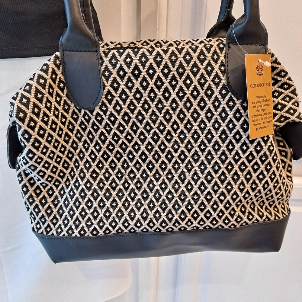 Gold Coast Black and Tan Geometric Jacquard Textured Fabric Tote Shoulder Bag